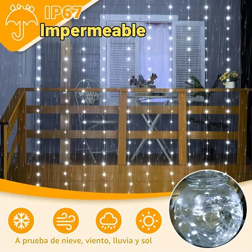 Vista 7 de Ollny Luces de Cortina 300LED 9.8ftx9.8ft, Conectables IP67 Impermeables para Exteriores con Control Remoto, Luces de Hadas Enchufables Sin Enredos