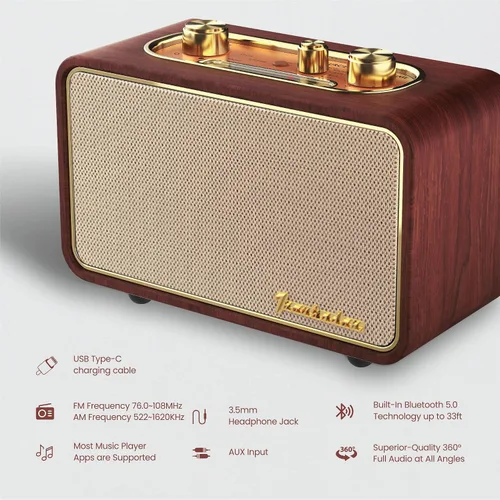 Vista 2 de Altavoz Bluetooth retro de madera, altavoz inalámbrico portátil vintage con placas frontales intercambiables, radio FM, subwoofer y dial giratorio