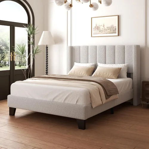 Vista 10 de Base de cama tamaño matrimonial con cabecero, marco de cama plataforma tapizado con cabecero de terciopelo tipo osito de peluche, soporte