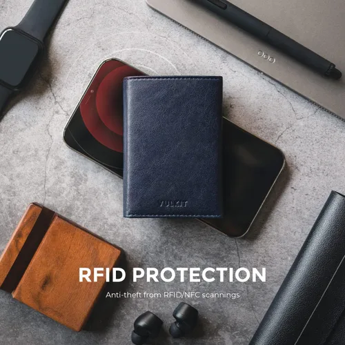 Vista 6 de VULKIT Cartera con tarjetero para hombre, con cierre magnético, bloqueo RFID, billetera de cuero triple, marino, Moderno