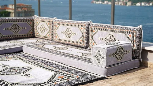 Vista 3 de arabicsofa Asiento de suelo oriental gris - Juego de cojines modulares hechos a mano para sala de estar