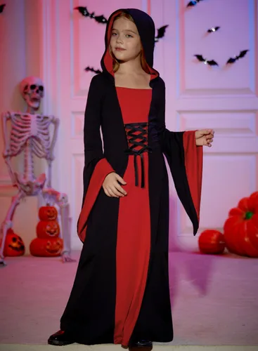 Vista 3 de BesserBay Disfraz de bruja para niñas, vestido de vampiro de Halloween de 5 Negro y Rojo Vestido