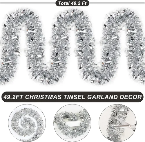 Vista 3 de Guirnalda de oropel plateado de 50 pies para decoraciones de árbol de Navidad, guirnalda metálica brillante con torsión colgante para Navidad