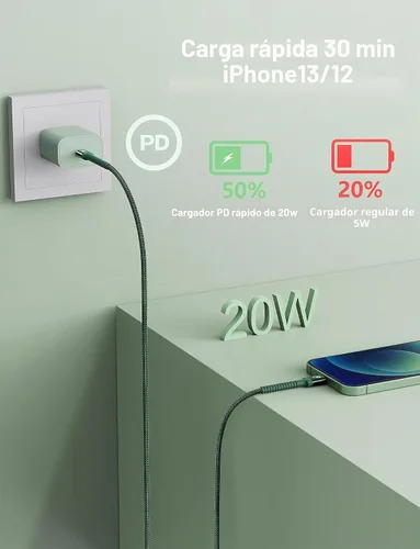 Vista 2 de Cable USB C a Lightning certificado por Apple, paquete de 2 cables rápidos Verde