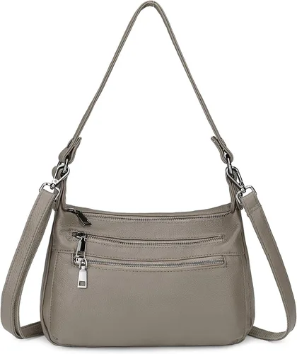 Vista 2 de YALUXE Bolso de hombro de cuero genuino, tamaño mediano, con múltiples bolsillos con cremallera, bolsos cruzados para mujer, color negro