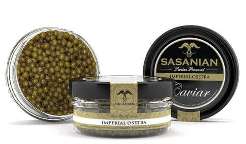 Vista 2 de ¡Fresco garantizado! Imperial Osetra Caviar – Golden Large Pearls 000 – Malossol 1 oz + cuchara de nácar gratis