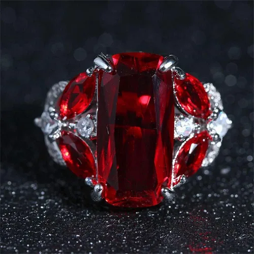 Vista 3 de Anillo de plata de ley 925 de lujo para mujer, rectángulo brillante, gema roja, anillo de princesa, ojo de caballo, anillo de rubí de ojo