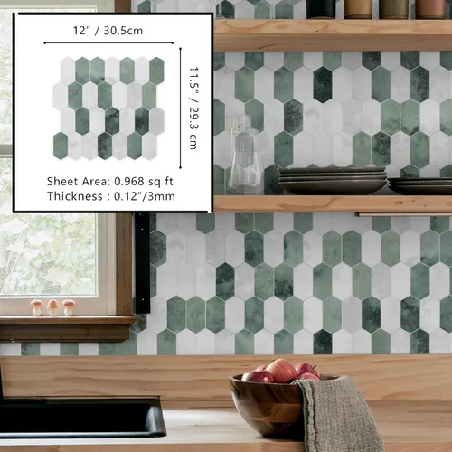 Vista 2 de The Tiles Plaza Protector Contra Salpicaduras de 10 Hojas para Despegar y Pegar, 12" x 11.5" Azulejo Autoadhesivo de Pared Hexagonal Largo