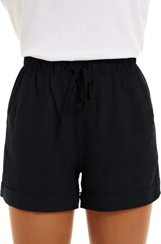 Vista 2 de NEYOUQE Pantalones cortos cómodos de algodón y lino para mujer, con cintura elástica y bolsillo