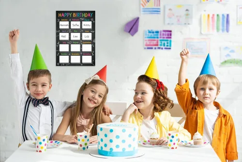 Vista 2 de JUESMOS Póster de pizarra de feliz cumpleaños para decoración de aula, calendario de cumpleaños, tabla de cumpleaños para decoración de tablón