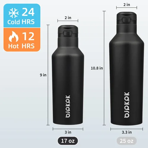 Vista 4 de BJPKPK Botella de agua aislada con pajilla, botellas de agua de acero inoxidable de 17 onzas con 2 tapas y asa de transporte, botella térmica