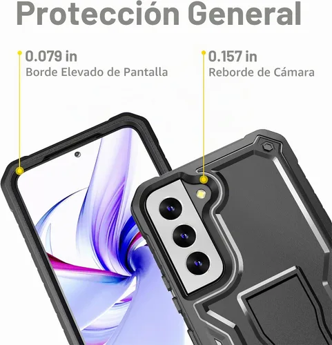 Vista 2 de FITO Funda para Samsung Galaxy S22, doble capa a prueba de golpes resistente para teléfono Samsung S22 5G con protector de pantalla, soporte Negro