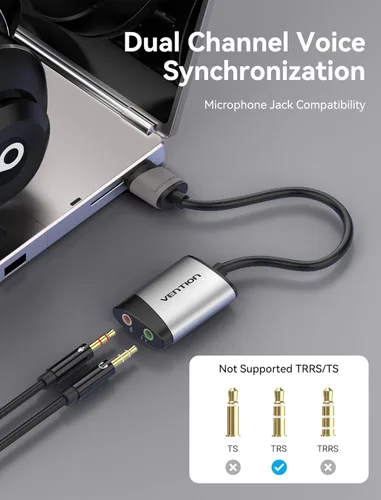 Vista 2 de Adaptador de audio USB - VENTION USB Tarjeta de sonido estéreo externa a auriculares de 0.138 in y adaptador de conector de micrófono para Windows