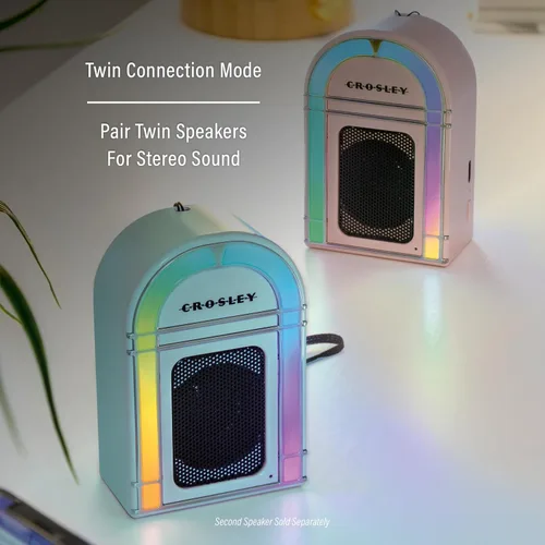 Vista 5 de Crosley CR3046A-AB Mini Jukebox Altavoz Bluetooth portátil con luces LED y micrófono, azul aguamarina