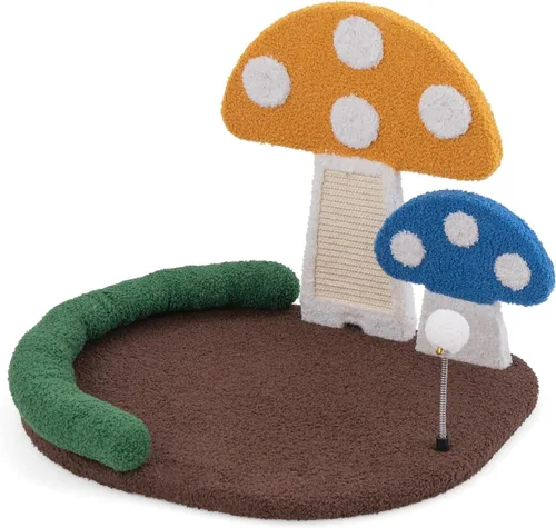 Vista 9 de Tangkula Cama para Gatos en Forma de Seta, Rascador para Gatos con Plataforma Amplia y Elevada, Panel de Rascado de Sisal, Bola de Resorte