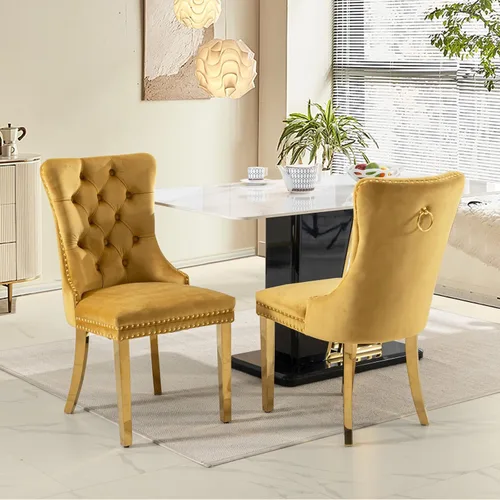 Vista 136 de SoarFlash Juego de 2 sillas de comedor de terciopelo, silla lateral de respaldo alto, silla lateral moderna tapizada de alta gama con botones Beige