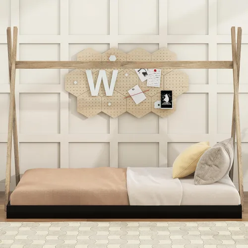 Vista 3 de Cama de madera con dosel de casa de tamaño individual con valla triangular, base de cama individual para dormitorio, niños, niñas, adolescentes