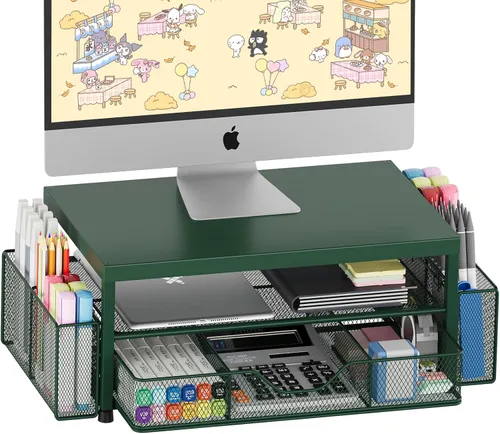 Vista 19 de OPNICE Soporte elevador de monitor doble con cajón y 2 soportes para bolígrafos, organizador de escritorio para suministros de oficina, soporte