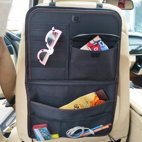Vista 7 de Organizador de asiento trasero de automóvil de tela Oxford con bandeja plegable para usar como mesa infantil y bolsa de viaje para guardar artículos