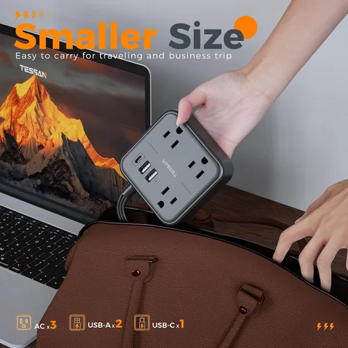 Vista 6 de TESSAN - Cable de extensión plano ultradelgado de 5 pies, color negro Slim Power Strip with USB Ports (1 USB C), Surge Protector, Flat Plug Wall