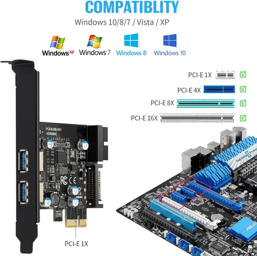 Vista 3 de Tarjeta de expansión USB 3.0 PCIe X1 de 5 Gbps Superspeed 2 puertos externos + adaptador interno de 19 pines USB 3.0 controlador PCI-E compatible