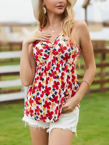 Vista 3 de iGENJUN Camiseta sin mangas de bambú de verano para mujer, ajuste holgado, cuello en V, floral, babydoll