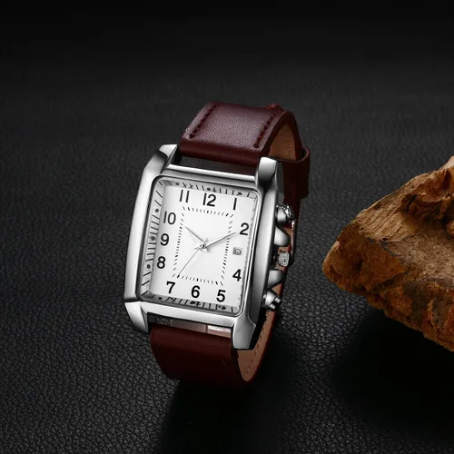 Vista 2 de Avaner Reloj cuadrado de cuero para hombre, reloj rectangular de gran tamaño, reloj de pulsera de cuarzo analógico vintage con ventana de calendario