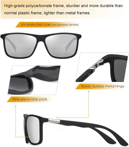 Vista 6 de Missfive Lentes de sol bifocales de lectura para hombre, con protección UV para lectores de sol en exteriores, lejanos y cercanos, anteojos clásicos