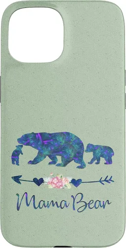 Vista 6 de Teal Blue Purple Floral Mama Bear and Two Cubs Light Green Case for iPhone 16
