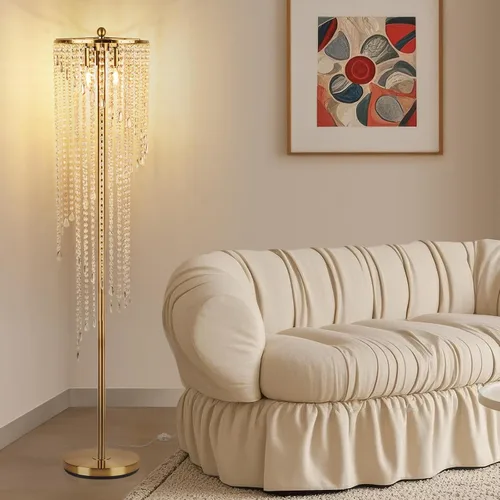 Vista 9 de QiMH Lámparas de pie para sala de estar, lámpara de pie dorada con interruptor de pie de encendido/apagado, lámpara de pie con pantalla de barras