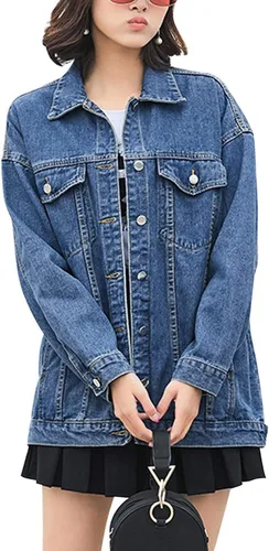 Vista 2 de Omoone - Chaqueta de mezclilla extragrande para mujer, longitud media, abrigo de motociclista