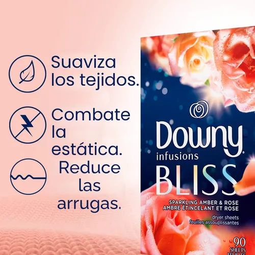 Vista 3 de Downy Infusions Mega Toallitas para Secadora, Suavizante de Telas para la Lavandería, BLISS, Ámbar y Rosa, 130