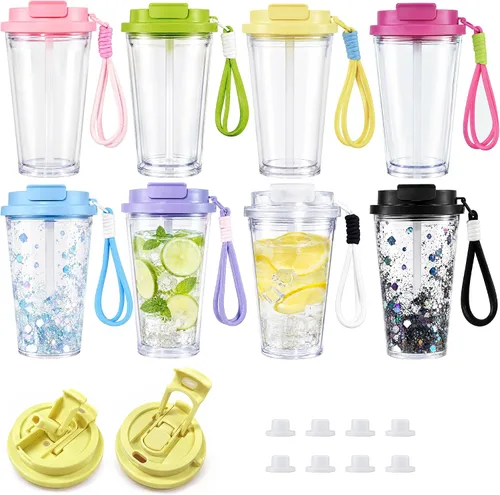 Vista 9 de Paquete de 4 vasos acrílicos de 16 onzas con popote 2 en 1 y tapa ColorA