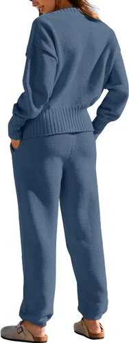 Vista 5 de Yanekop Conjunto de dos piezas para mujer con cuello en V y botones y suéter de punto acogedor
