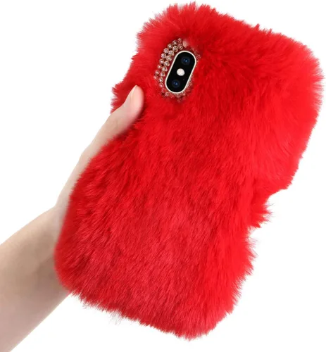 Vista 8 de LCHDA Funda de felpa para iPhone 7/iPhone 8, funda de piel de conejo, funda mullida y esponjosa para niñas, lindo pelo cálido de invierno, funda