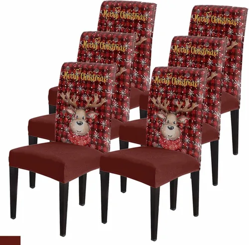 Vista 28 de Savannan - Juego de 4 fundas para sillas de árbol de Navidad, bolas de copos de nieve de color rojo invierno, fundas elásticas para sillas Parsons