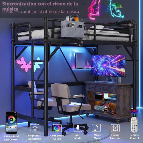 Vista 5 de Cama tipo loft tamaño Twin con luces LED y estación de carga, marco de cama loft de metal industrial de servicio pesado con escalera y barandilla