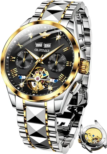 Vista 13 de OUPINKE - Reloj automático para hombre, diseño de esqueleto de diamante mecánico de cuerda automática, lujo, reloj de pulsera de cristal de zafiro