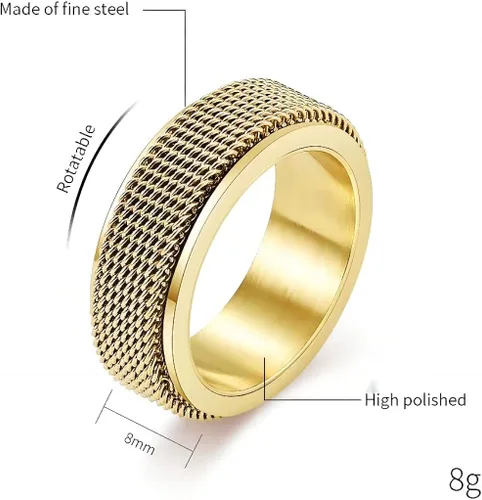 Vista 7 de HUARJO Anillo giratorio para hombres y mujeres, anillo de acero dorado y titanio negro, malla tejida personalizada, tamaño 5-12