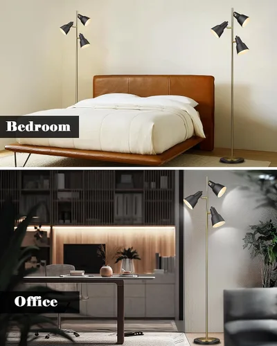 Vista 5 de ELYONA Lámpara de pie con árbol dorado con 3 luces giratorias ajustables, luces de pie industriales de poste alto de metal con 3 bombillas LED