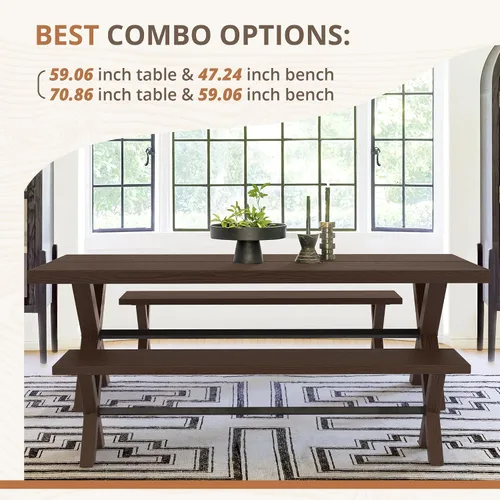 Vista 6 de LUE BONA Mesa de comedor de 71 pulgadas y banco de comedor de 59 pulgadas, banco de mesa rectangular de madera maciza resistente para cocina, hogar
