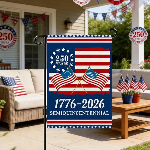 Vista 6 de Banderas de jardín con el 250 aniversario de Estados Unidos para exteriores, bandera de Estados Unidos del 250 aniversario 1776-2026, letrero