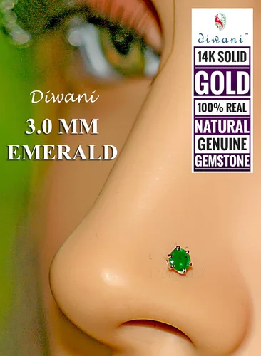 Vista 2 de Diwani Anillo de oro de 14 quilates de 0.118in con piedras preciosas de esmeralda natural de compromiso para boda, nariz, labio, labio, monroe