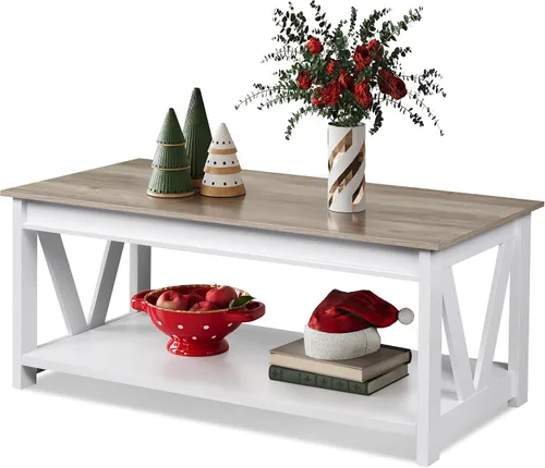 Vista 17 de WLIVE Mesa de Centro, Mesa de Centro Estilo Granja de 43" con Estante de Almacenamiento y Soporte Resistente en Forma de V, Mesa Central de Madera