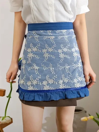 Vista 5 de Delantales de chef unisex blanco retro algodón criada corto 2 bolsillos cintura camarera mitad delantal Bordado azul