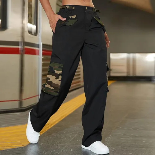 Vista 4 de Camouflage Pocket Y2k Cargo Pants for Woman,Slim Solid Pants Buttons Waist Straight Pants Plus Size Womans Sweatpants