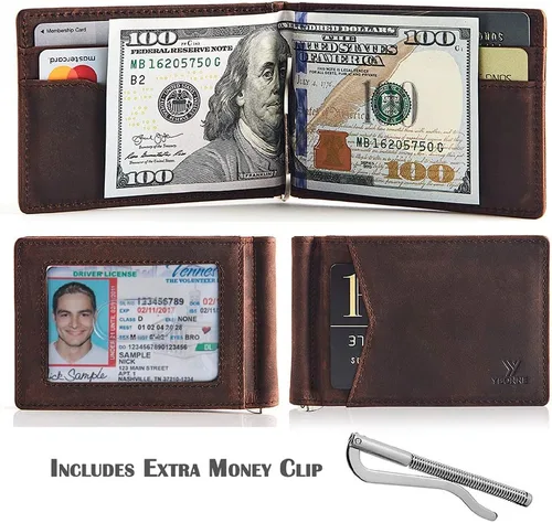 Vista 4 de YBONNE - Cartera fina con clip para dinero, de cuero auténtico, bloqueo RFID, minimalista