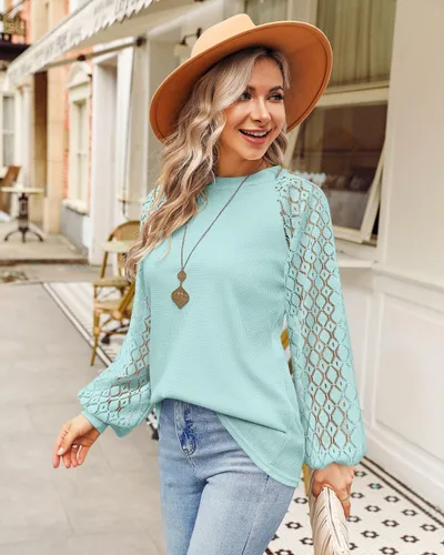 Vista 6 de MIHOLL - Camisa de encaje de manga larga para mujer, estilo informal, corte suelto
