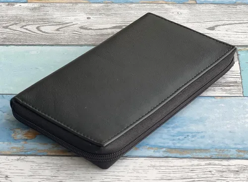 Vista 4 de Organizador de cuero genuino con cremallera para tarjetas de crédito para mujer, Negro