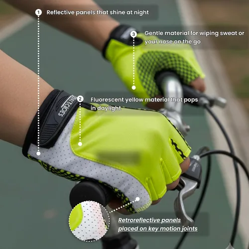 Vista 9 de Guantes reflectantes para bicicleta de verano, guantes de ciclismo fluorescentes de alta visibilidad con acolchado de gel y golpes antideslizantes